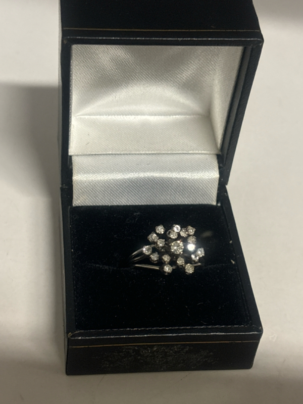 Stamped 14K white Gold Fireworks Diamond Ring