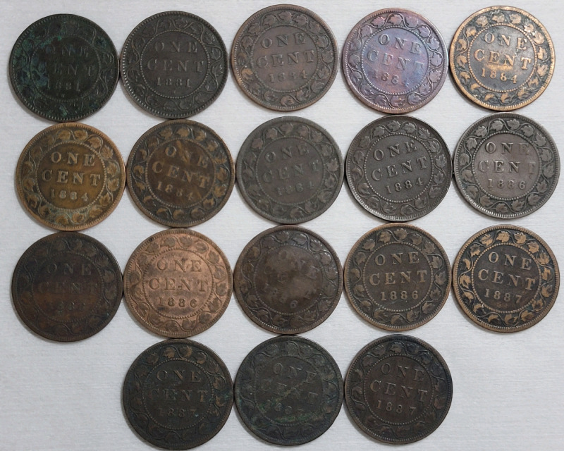 1881 - 1887 Canadian Queen Victoria Large One Cent Pennies in Various Condition , 18 Coins