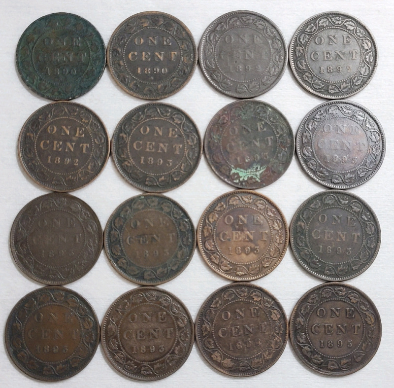 1890 - 1895 Canadian Queen Victoria Large One Cent Pennies in Various Condition . 16 Coins
