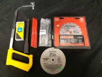 Assorted Tool Lot Includes But Isnt Limited To; Hack Saw Without Blade, Gavanized Ground Spikes and 5 &frac12;" Saw Blades