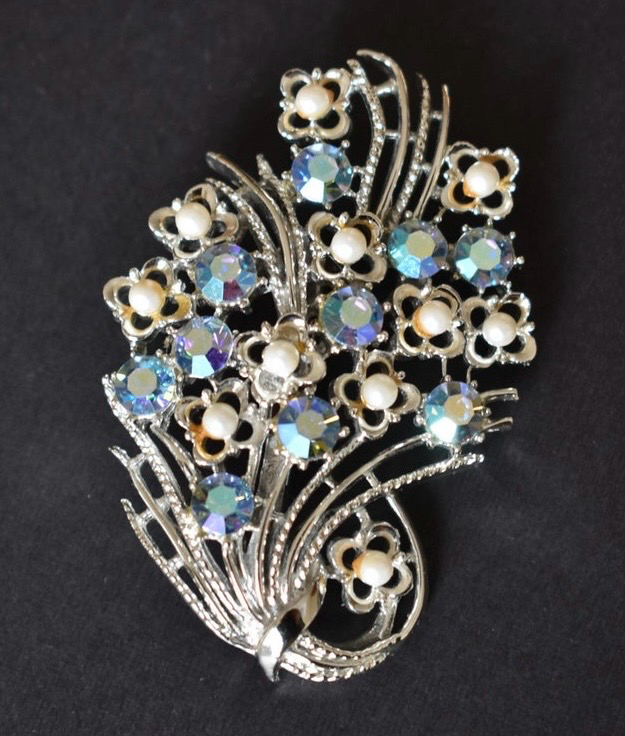 Coro Floral Bouquet Rhinestone Faux Pearl Brooch Signed