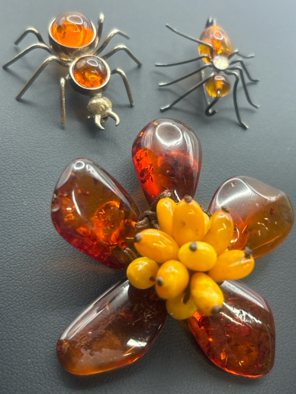 2 Baltic Amber Spider Brooches Amber Flower Brooch