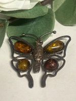 925 Sterling Baltic Amber Butterfly Brooch