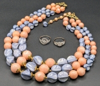 Lovely Vintage Triple Strand Necklace with Missing Hook Clasp & 2 Silver Tone & Clear Stone Rings (Size x and x)