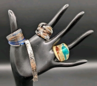 Dainty Signed Silver Tone Open-cuff Bracelet & 3 Murano-Style Art Glass Rings (Two Size 6, One Size 8)