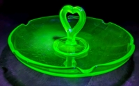 Vintage Uranium Glass Heart Handle Candy Dish | 6 75" Diameter