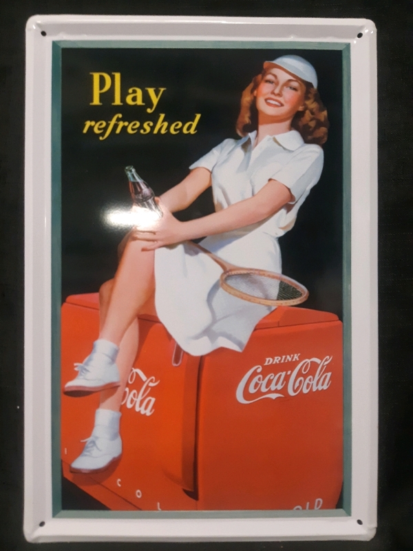 New Coca-Cola " Play Refreshed " Hanging Metal Wall Sign ( 12" x 8" )