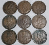 1911 Canadian King George V Large One Cent Pennies in Various Condition , 9 Coins - 2