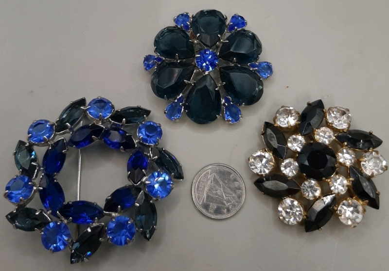 3 Vintage Open Back Rhinestone Brooches Excellent Condition