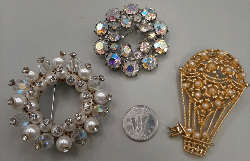 3 Vintage Pearl & Rhinestone Brooches plus an Aurora Borealis