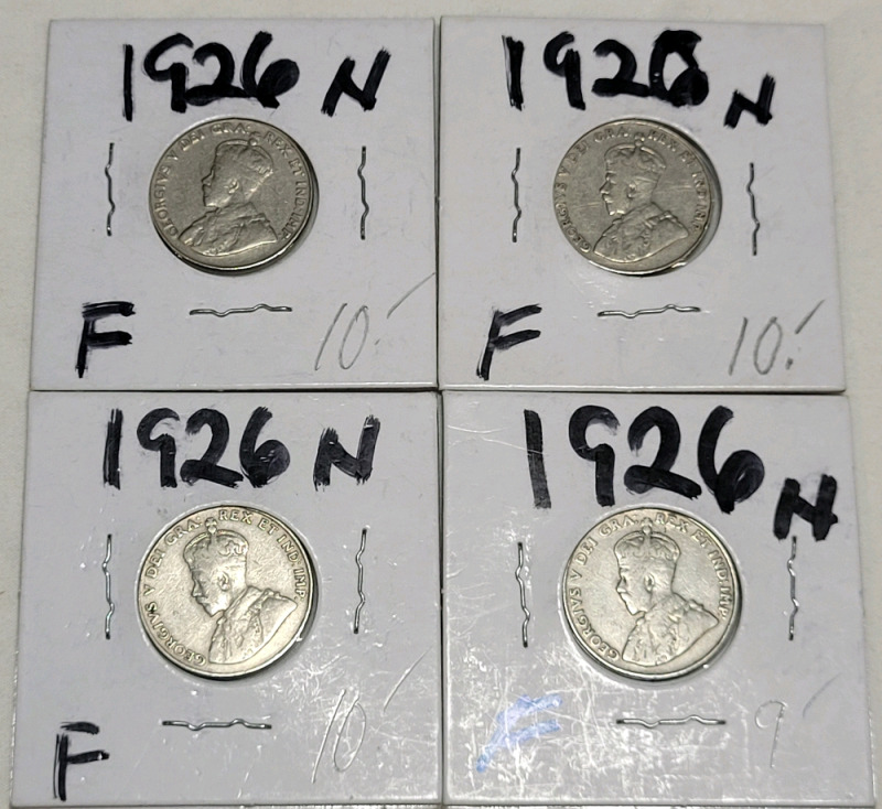 1926 Near 6 Canadian King George V Five Cent Nickels in 2×2 Coin Holders . Four (4) Coins