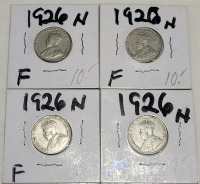 1926 Near 6 Canadian King George V Five Cent Nickels in 2&times;2 Coin Holders . Four (4) Coins