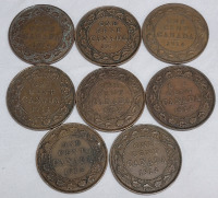 1914 Canadian King George V Large One Cent Pennies in Various Condition . Eight (8) Coins