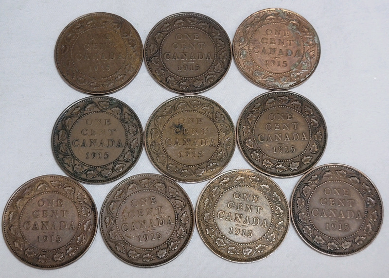 1915 Canadian King George V Large One Cent Pennies in Various Condition . Ten (10) Coins