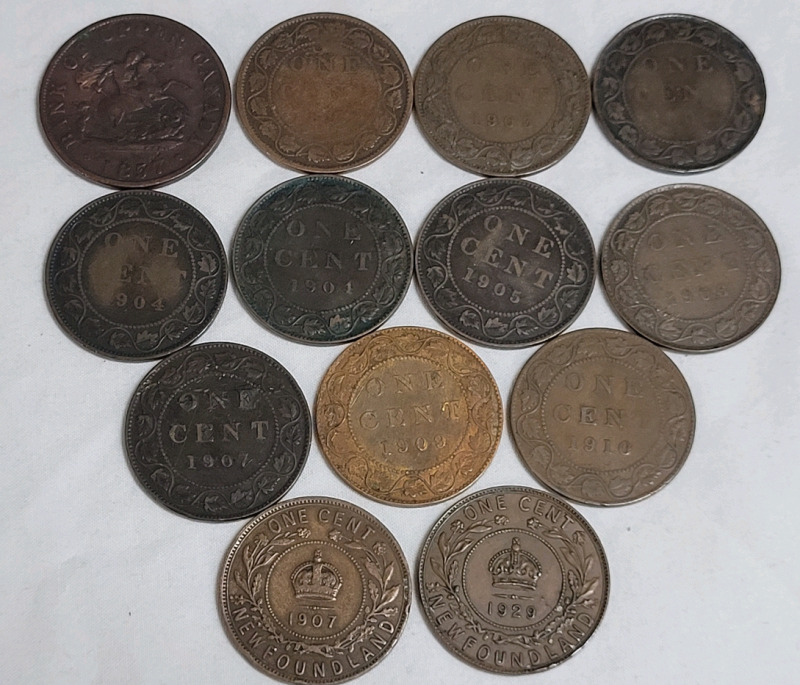 1857 - 1910 Canadian Pennies and Half Penny & 1907 and 1929 NFLD One Cent Pennies . 13 Coins Total