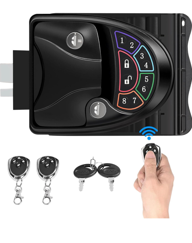 New RV Monster Shop Keyless Entry Door Lock with Deadbolt and Backlit Keypad 100% Metal Zinc Alloy with 20M Remote Control, 2 Key Fobs and Key for Travel Trailer, RV Retail: $150