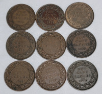 1915 Canadian King George V Large One Cent Pennies in Various Condition . Nine (9) Coins
