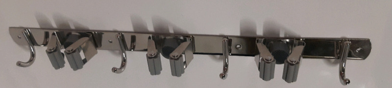 New Chrome Metal Wall Mounted 3 Slot Mop Holder With 4 Hooks To hang Items 17" Long