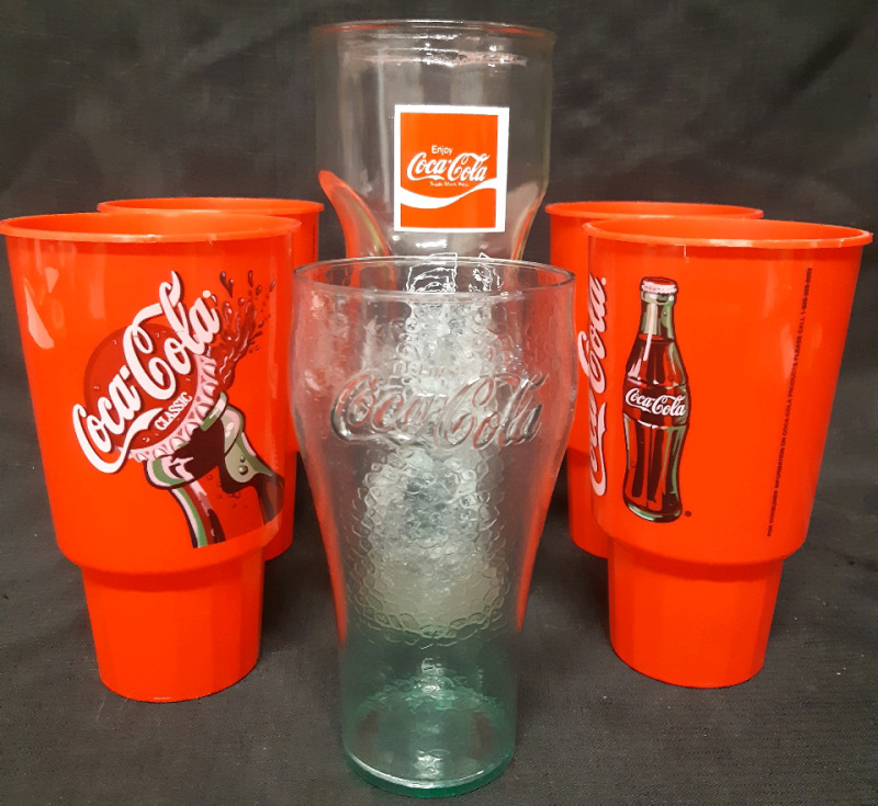 6 New Coca-Cola Cups/ Pitcher | 4 Plastic 7" Tall Red Juice Cups | 1 Plastic 6.5" Tall Juice cup & 10" Tall Pitcher