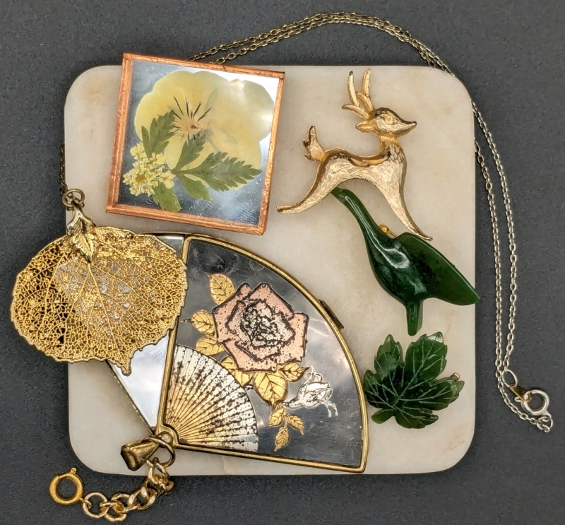 Vintage Brooches, Necklace & Sliding Pocket Mirror | with Faux Jade & Signed Preserved Flowers + More