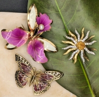 3 Vintage Gold Tone Brooches | Orchid, Butterfly & Stylized Flower | 1.75" -2.5" Wide