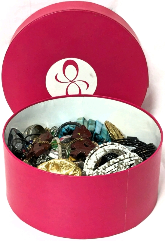 Assorted Unsorted Jewelry Contents in Round Box | 7" Diameter x 3.25" Tall