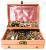 Vintage Jewelry Box With Unsorted Jewelry Contents | 11.25" x 7.75" x 3 6"
