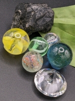 Assorted Treasures: Vintage Glass Marbles, Glass Diamond & Large Chunk of Shiny, Black Stone