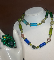 Vintage Emerald Rhinestone Brooch Green Blue Bead Necklace