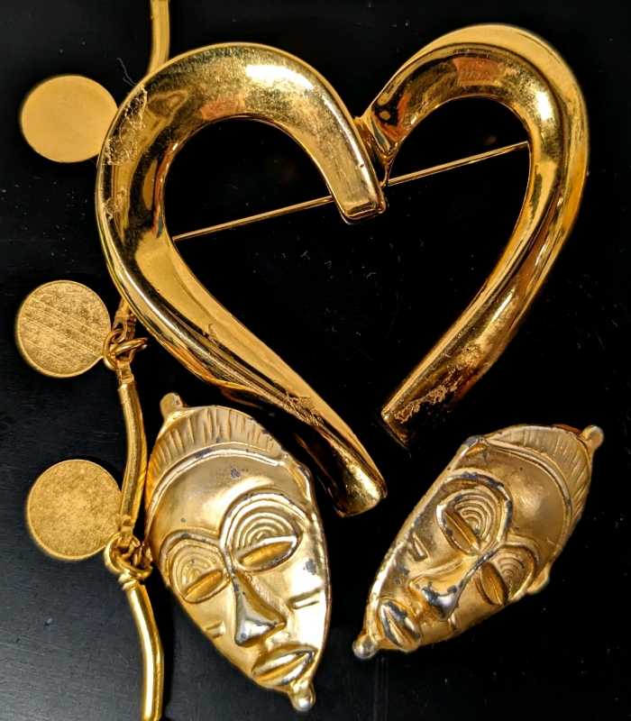 Vintage Gold Tone Solid Copper Multiple Strand Belly Dancer-Style Necklace, Large Heart Brooch & Face Earrings