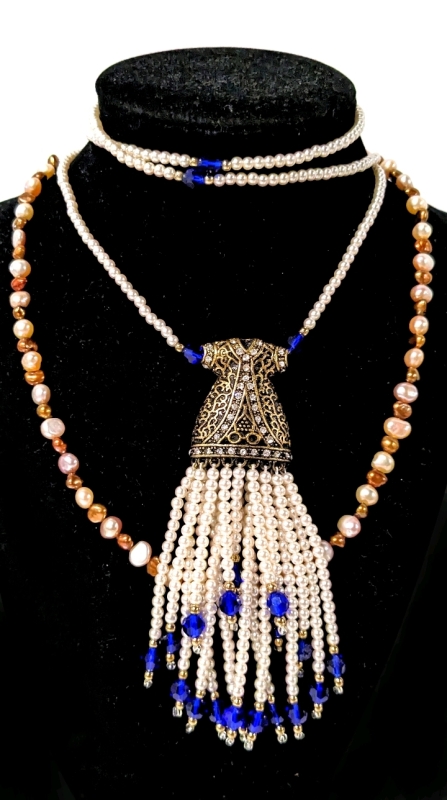 Gorgeous Vintage to Modern Necklaces: Striking Ornate Long Tasseled Faux Pearl Dress Pendant (4.5") on Long Necklace (36") & Freshwater Pearl Necklace with Hook Clasp (17")