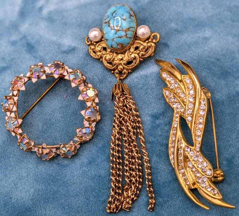 3 Vintage Brooches: Aurora Borealis Wreath, Faux Turquoise + Pearl Tassel & Clear Rhinestones