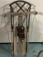 Vintage 43” Metal & Wood Sled With a Pair of Old Metal Skates With Leather Straps Wall Hanger / Home Decor