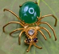 Vintage Jelly Belly Gold Tone Insect Brooch with Faux Jade + Red & Clear Rhinestones | 1.3" x 1.25"