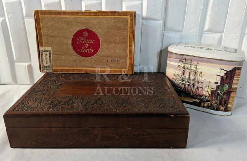 Metal Container and 2 Vintage Cigar Boxes.
