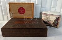 Metal Container and 2 Vintage Cigar Boxes.