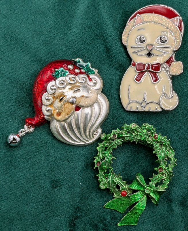 3 Vintage Silver Tone & Enamel Christmas Brooches: Santa, Christmas Kitty & Signed CORO Wreath | 1.15" - 2" Long