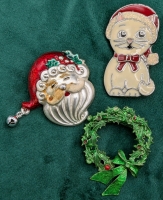 3 Vintage Silver Tone & Enamel Christmas Brooches: Santa, Christmas Kitty & Signed CORO Wreath | 1.15" - 2" Long