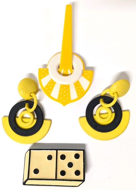 Vintage Groovy Bright Yellow & Black Mid Earrings (2.75" Ling), Fun Brooch (4" Long), Striking Domino Brooch (2.4" x 1.25")