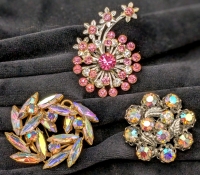 3 Vintage Gold & Tone Brooches: Aurora Borealis & Pretty Pink Floral | 1.2" - 1.6" Diameter