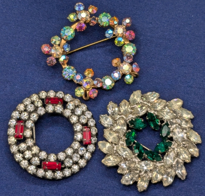 3 Vintage Rhinestone Wreath Brooches, 1 with Red Baguette Rhinestones & 1 Aurora Borealis | 1.25" - 1.5" Diameter