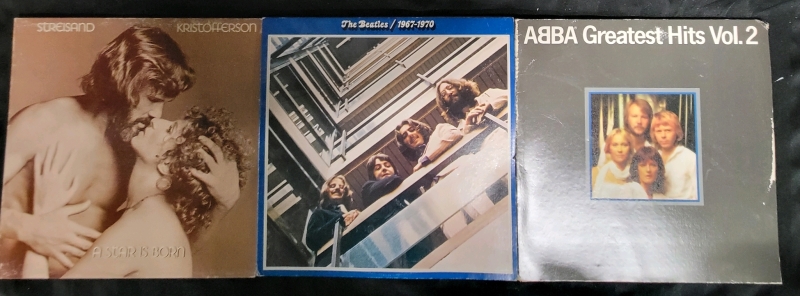 Vintage Vinyl Albums In A Plastic Crate - The Beatles 67-70, ABBA Greatest Hits Vol 2 & Streisand/Kristofferson A Star Is Born