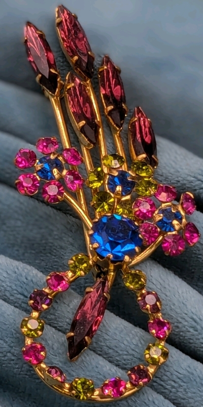 Lovely Vintage Floral Gold Tone Brooch with Brightly Colored Rhinestones | 2.9" Long