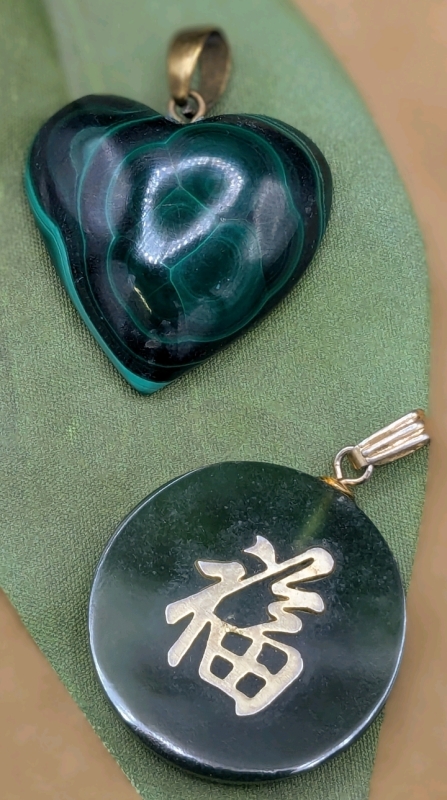 Vintage Pendants | Heart-Shaped Malachite & Jadeite / Faux Jade with the Character for "Blessing" | 1" - 1.15" Diameter