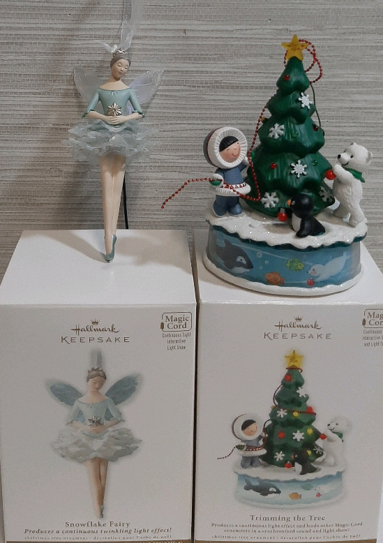 2 Hallmark Keepsake Ornaments Snowflake Fairy Trimming the Tree Comes with Magic Cord Tallest 4.75" Excellent Condition