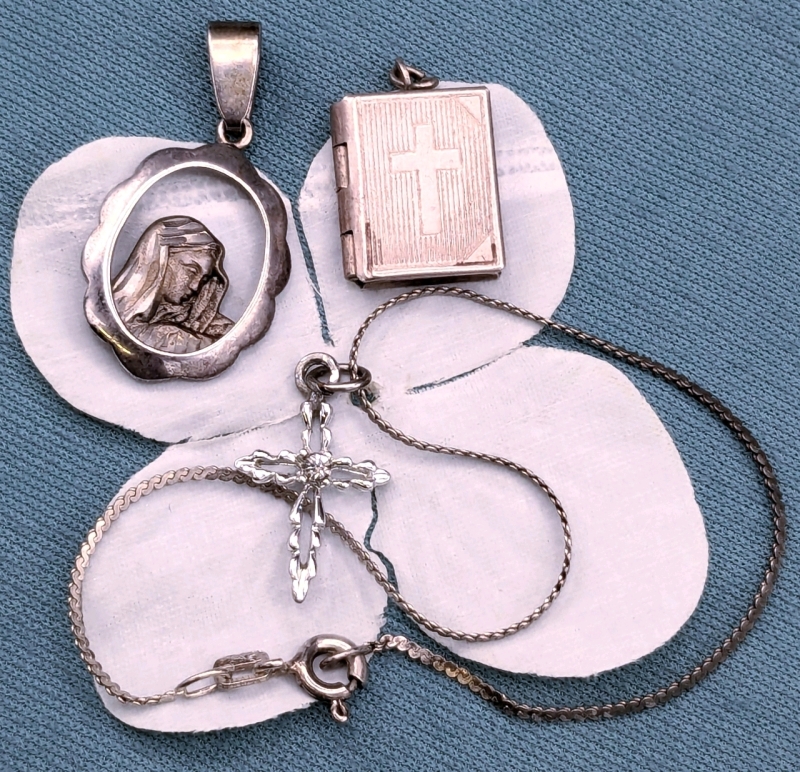 3 Vintage Sterling Silver Pieces: Dainty Bracelet with Cross Charm, Virgin Mary Pendant & Bible Locket Pendant