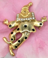 Fun Vintage Gold-Tone Articulated Clown / Pierrot Brooch / Pendant with Enamel and Rhinestones | 1.75" Long x 1.6" Wide