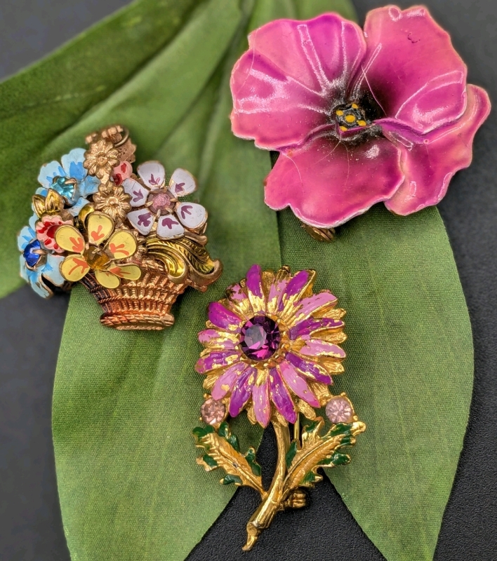 3 Vintage Enameled Flower Brooches with Gold or Silver Tones | 1.35" - 1.75"