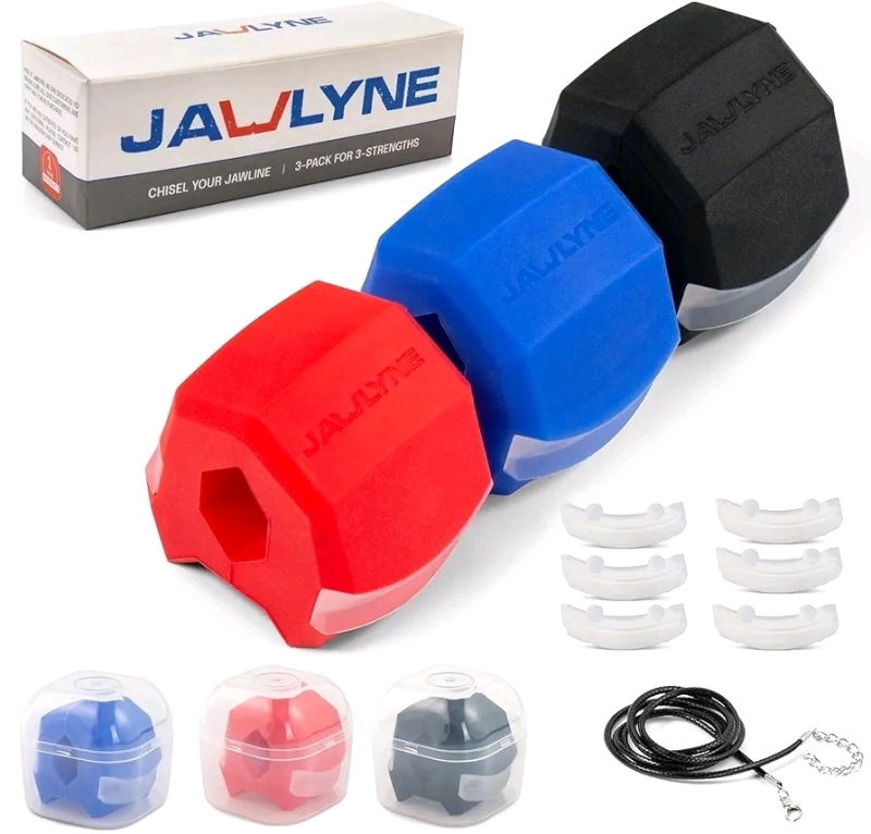 New Jawlyne - Jaw Exerciser 3 Pack with 3 Strengths - Jawline Toner & Workout for Men and Women - With Long Necklace, Storage Containers and Extra Biting Strips