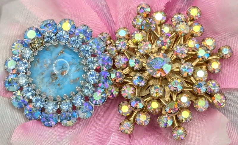 2 Vintage Round Brooches : Aurora Borealis Rhinestone & Iridescent Blue | 1.4" D - 2.15" D